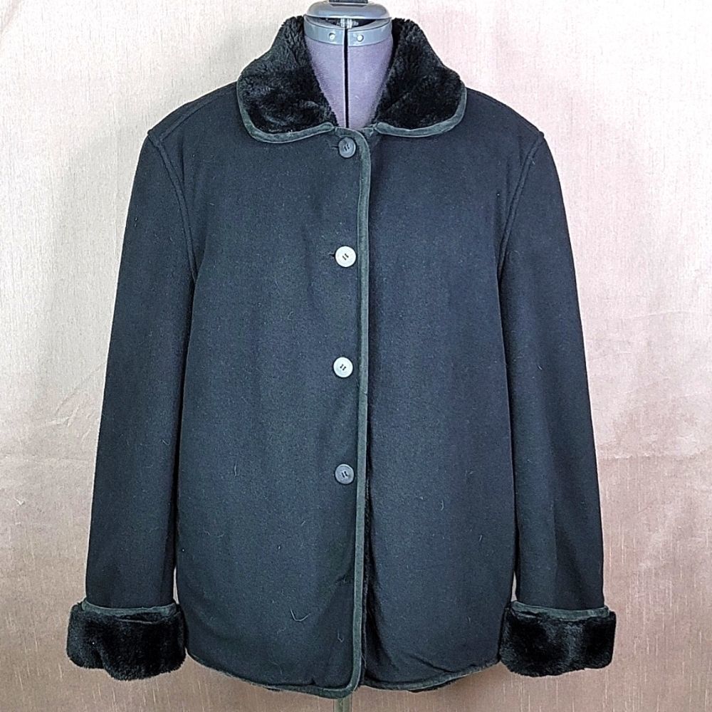 COACO NEW YORK Black Faux Fur Lined Coat Large‎